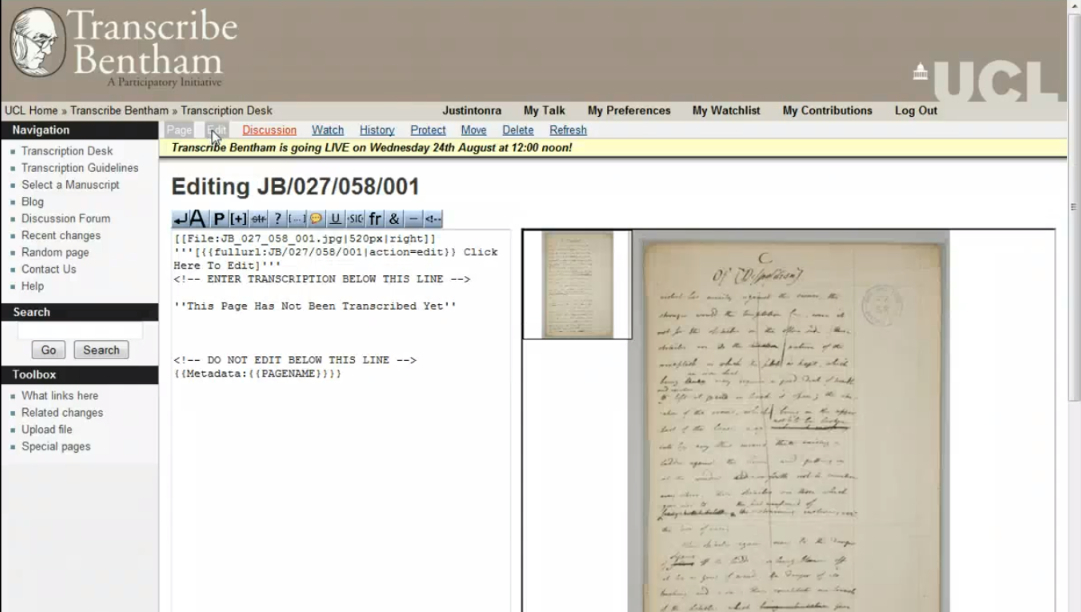Figure 1. Transcribe Bentham, University College London, Screenshot, February 26, 2013.