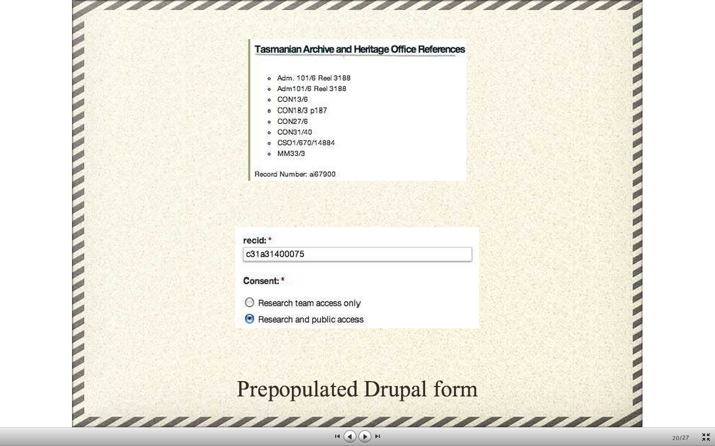 Figure 4.1. Prepopulated Form, Crowdsourced project structure, instructional process and workflow designed by Professor Janet McCalman, Centre for Health & Society, University of Melbourne, with technical assistance from Sandra Silcot and Claudine Chionh. Funded by the Australian Research Council.