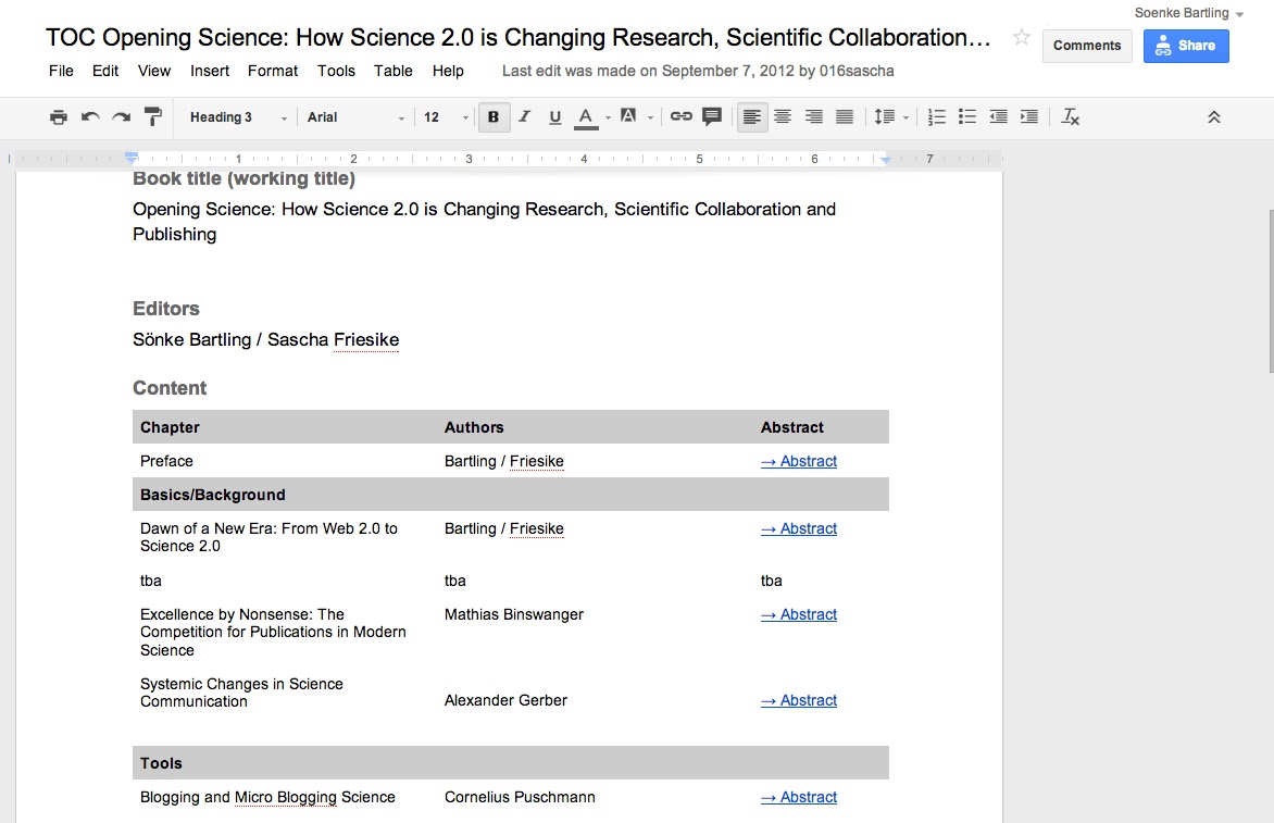 Figure 1. The table of contents was the central workplace for the editors in the early phase of this book project.