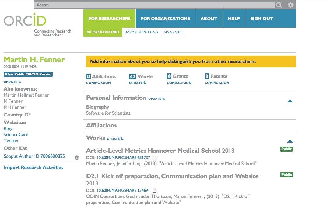 Figure 1. Example ORCID Profile.