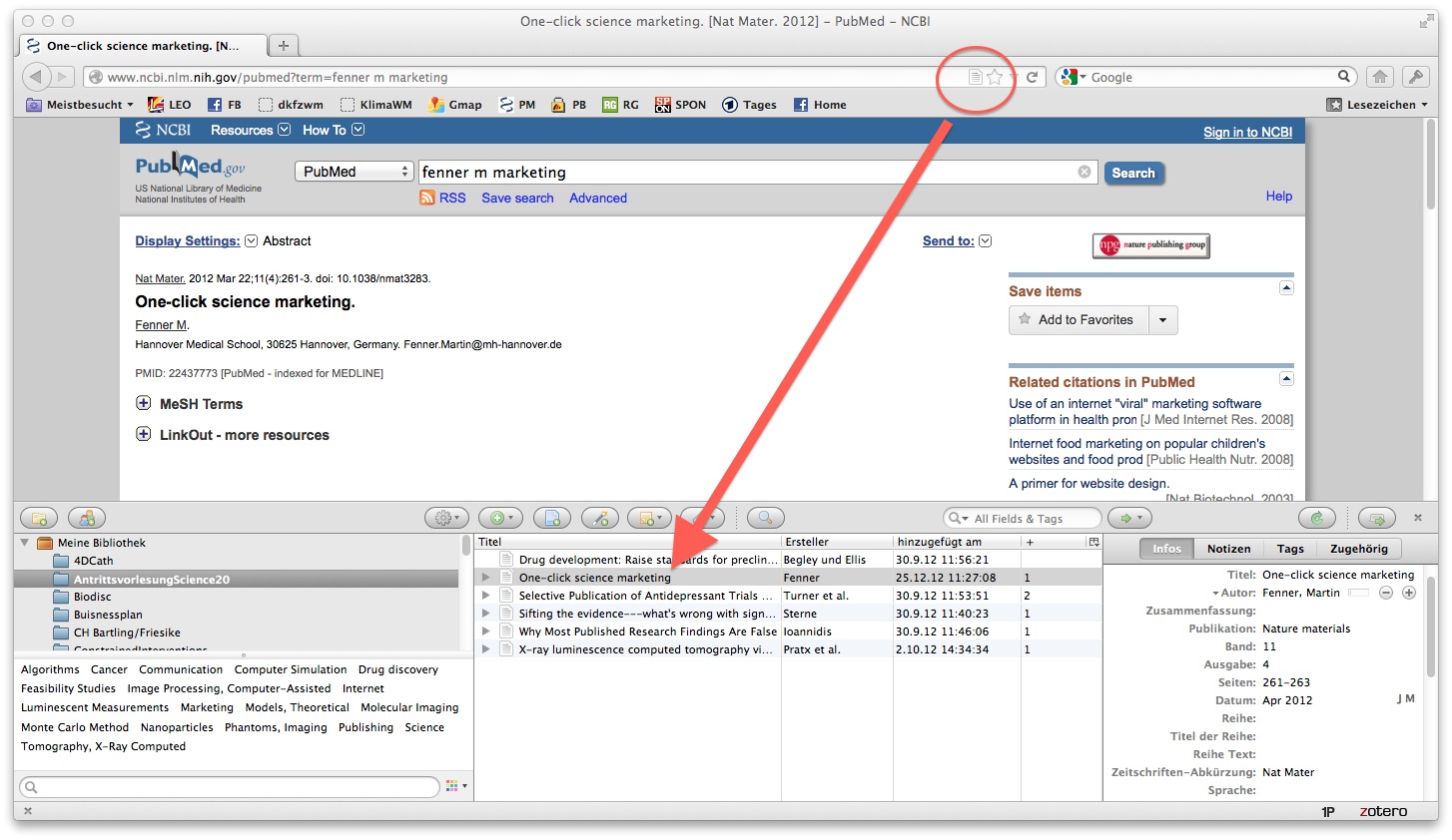 Figure 1. Showing COinS in action. At the click of a button, a reference is included into the reference manager software (Zotero) from information that is contained in the COinS information in the displayed web page: No need to manually copy references.