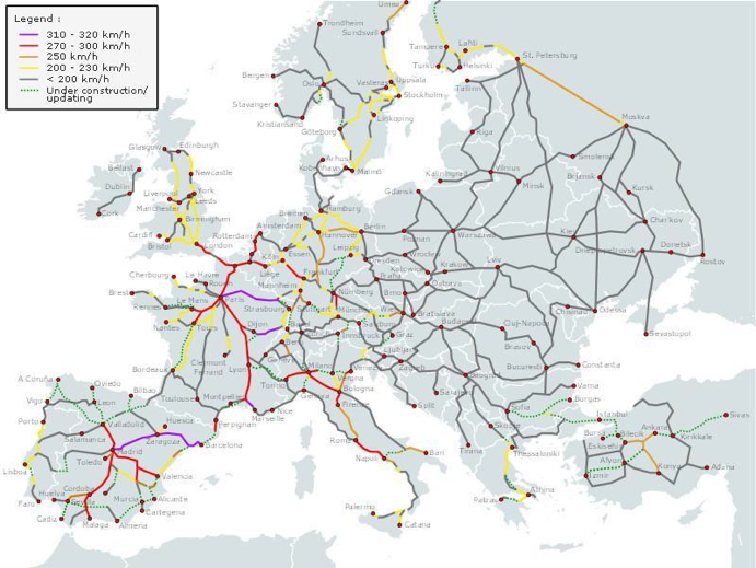 Figure 1. The high-speed railway network in Europe. It represents a random network as proposed by Erdős and Rényi. (Source and copyright of the diagram: Akwa and Bernese media & BIL under a Creative Commons licence).